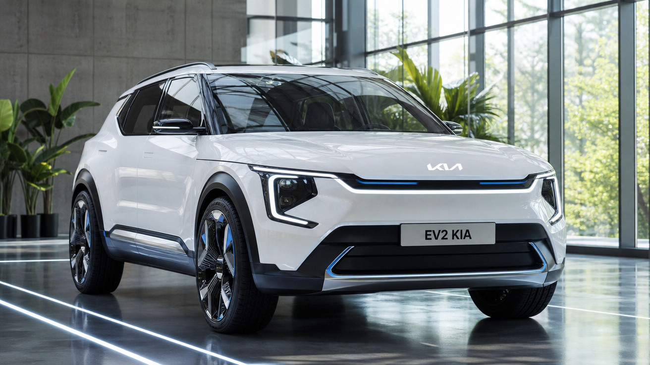 Automóvel elétrico Kia EV2 branco estacionado em espaço interior moderno com plantas e luz natural.