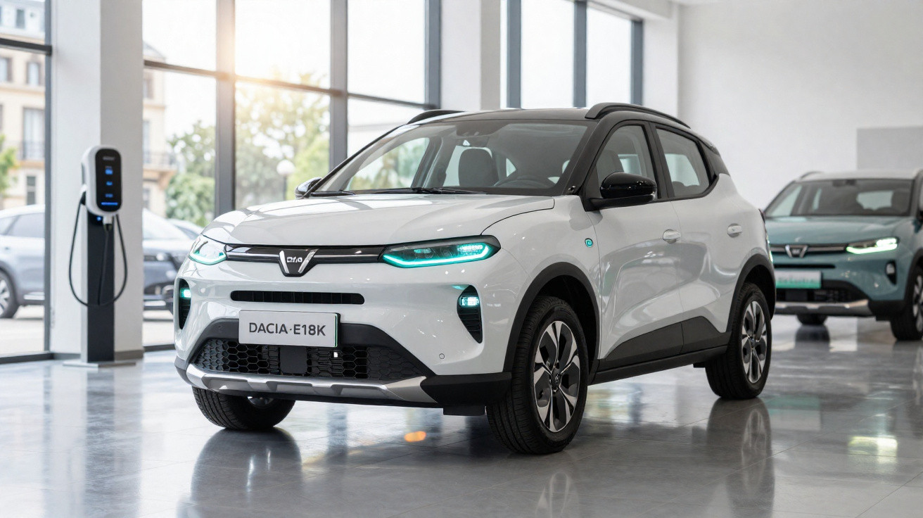 Carro elétrico branco Dacia E18K numa garagem moderna com carregador elétrico visível ao lado.