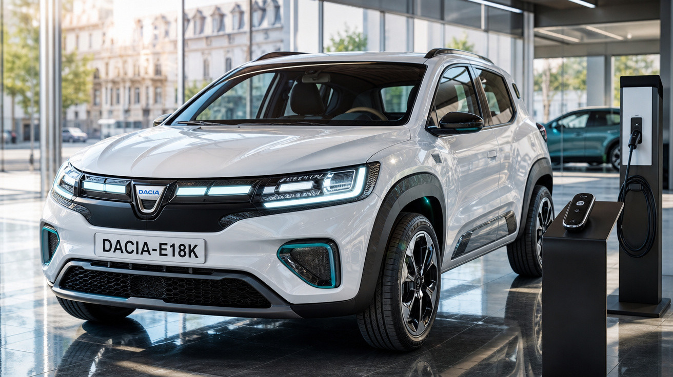 SUV eléctrico branco Dacia E18K em exposição numa sala moderna com carregador elétrico ao lado.