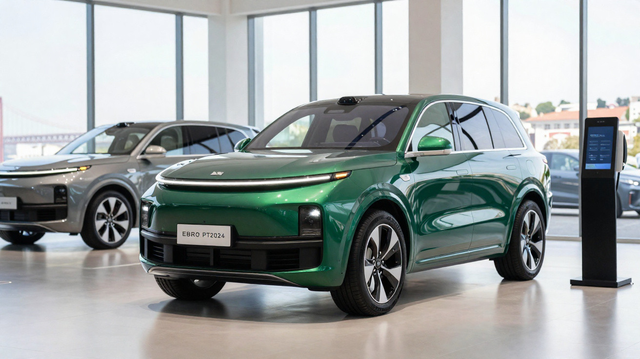 SUV elétrico verde EBRO PT2024 numa sala de exposição moderna com janelas grandes e outro carro cinzento ao fundo.
