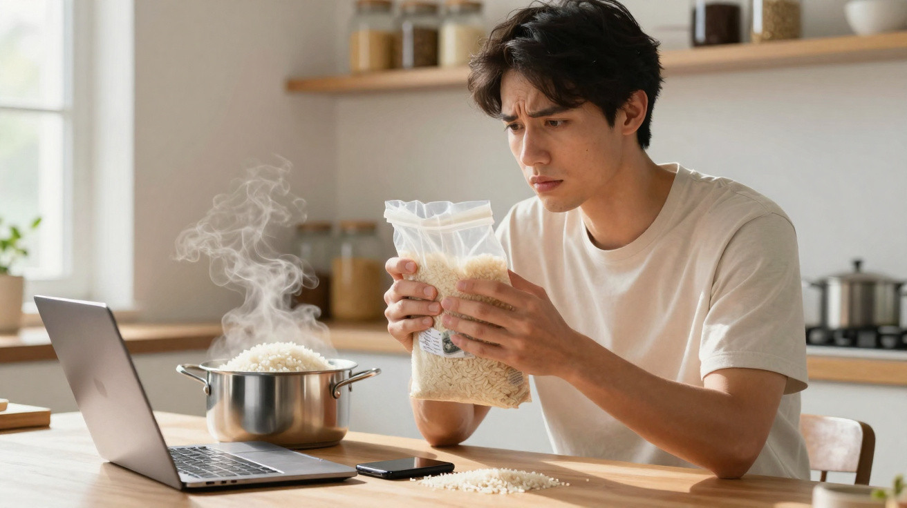 Homem confuso a ler instruções num pacote de arroz enquanto cozinha com panela e portátil na cozinha.