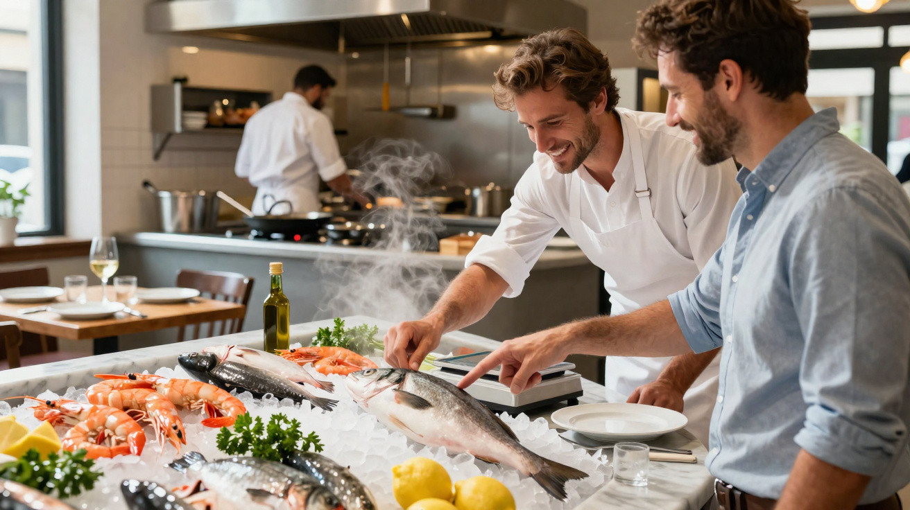 Homem escolhe peixe fresco numa bancada de marisco com chef a ajudar num restaurante moderno.