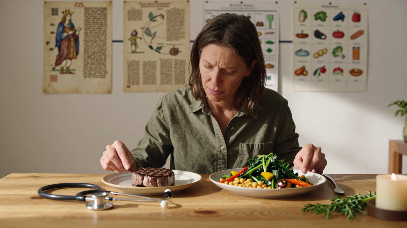 Mulher sentada à mesa com prato de bife e prato de salada, olhando para as refeições, com estetoscópio ao lado.