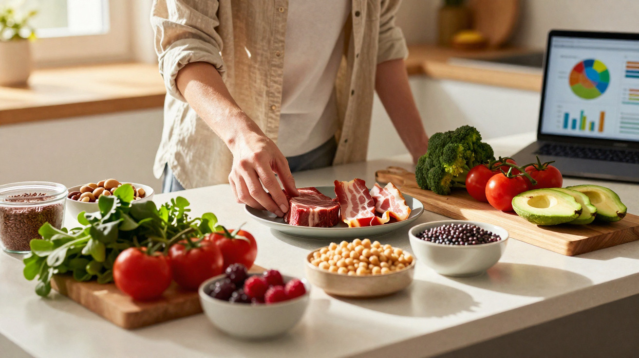 Pessoa a preparar refeição com legumes, frutas, carne e laptop com gráficos numa cozinha iluminada.