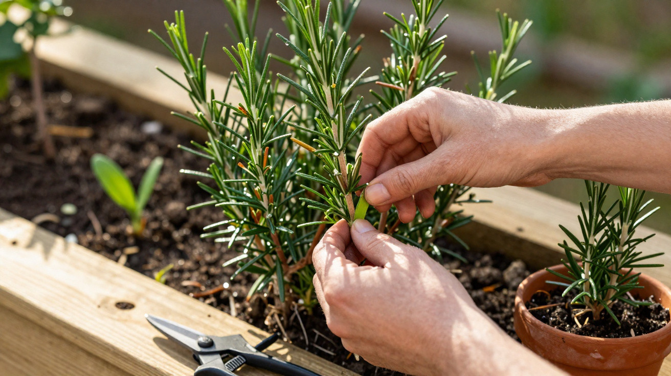 Mãos a colher raminhos de alecrim numa horta com terra, tesoura de poda ao lado.