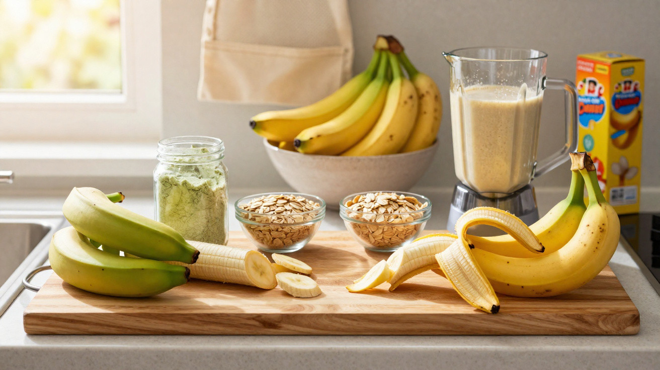 Morangos, bananas, aveia e shake de banana num ambiente de cozinha bem iluminado.