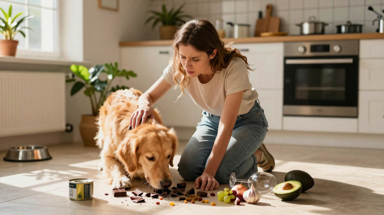 Mulher ajoelhada na cozinha, preocupada com cão a comer chocolates e alimentos tóxicos do chão.