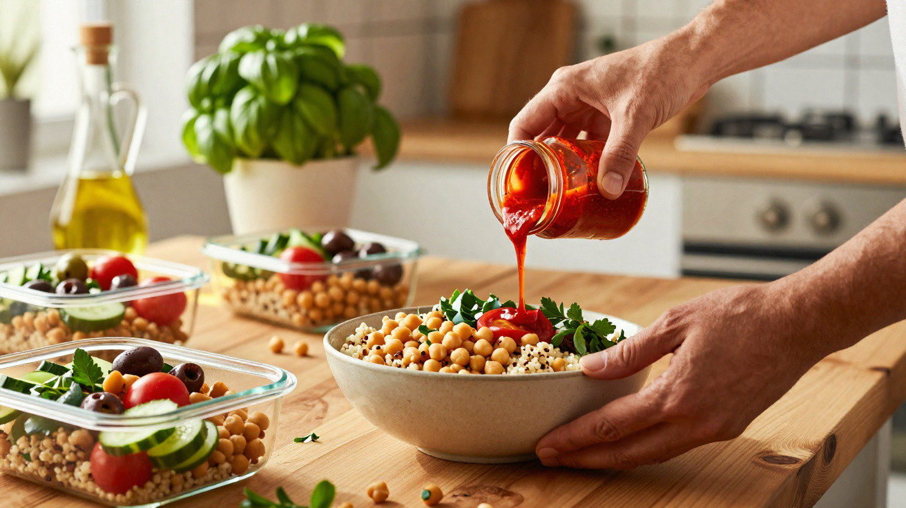 Pessoa a despejar molho vermelho numa taça com salada de grão-de-bico, quinoa, hortelã e vegetais numa cozinha moderna.