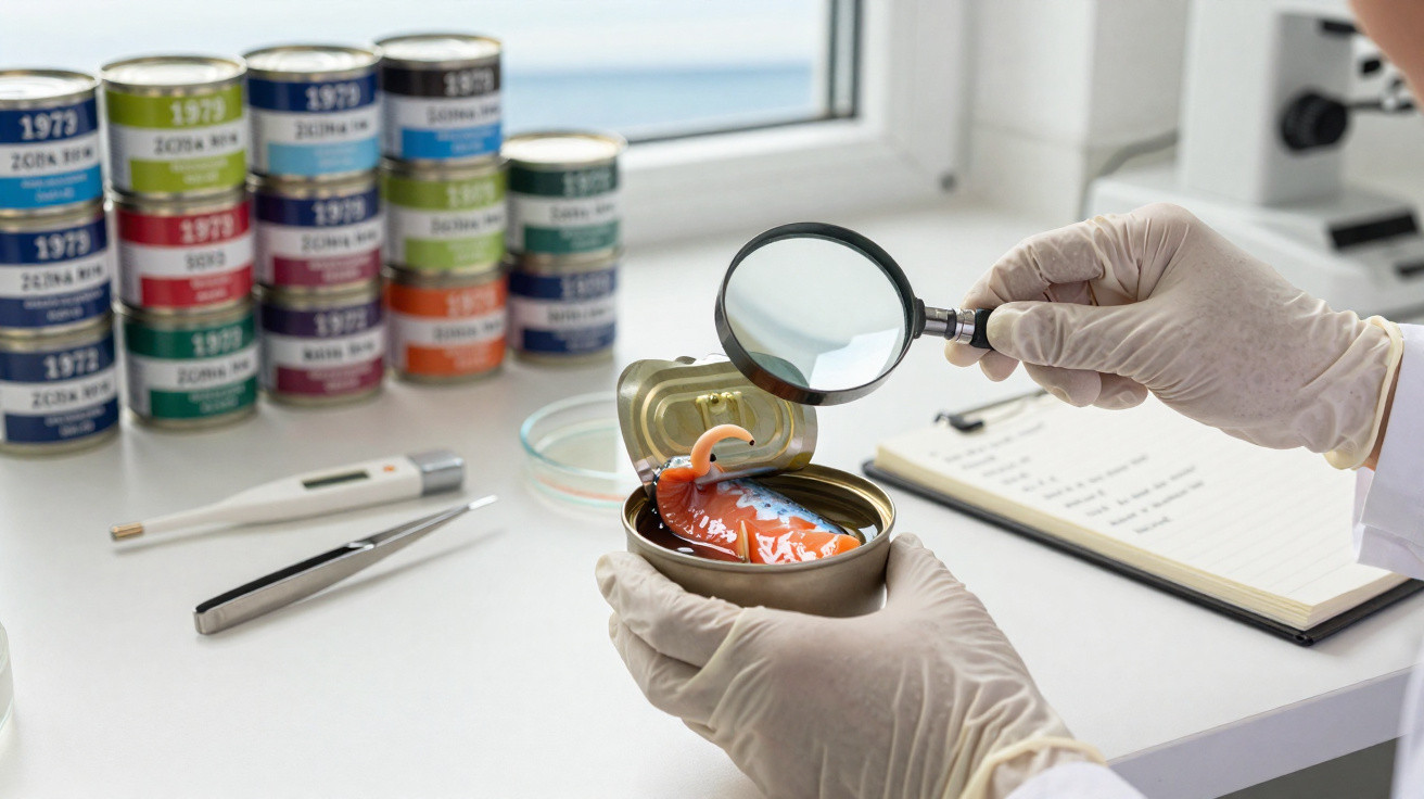 Pessoa com luvas a examinar uma lata de peixe adulterado com lupa num laboratório com equipamentos variados.