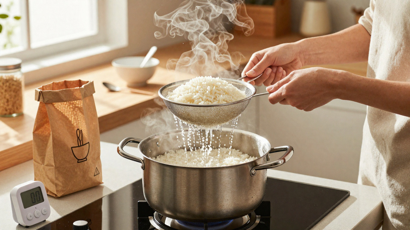 Pessoa a escorrer arroz quente num passador sobre o fogão na cozinha luminosa.