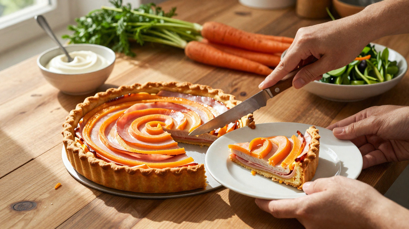 Pessoa a cortar e servir uma fatia de tarte salgada com cenouras fatiadas em espiral numa cozinha iluminada.