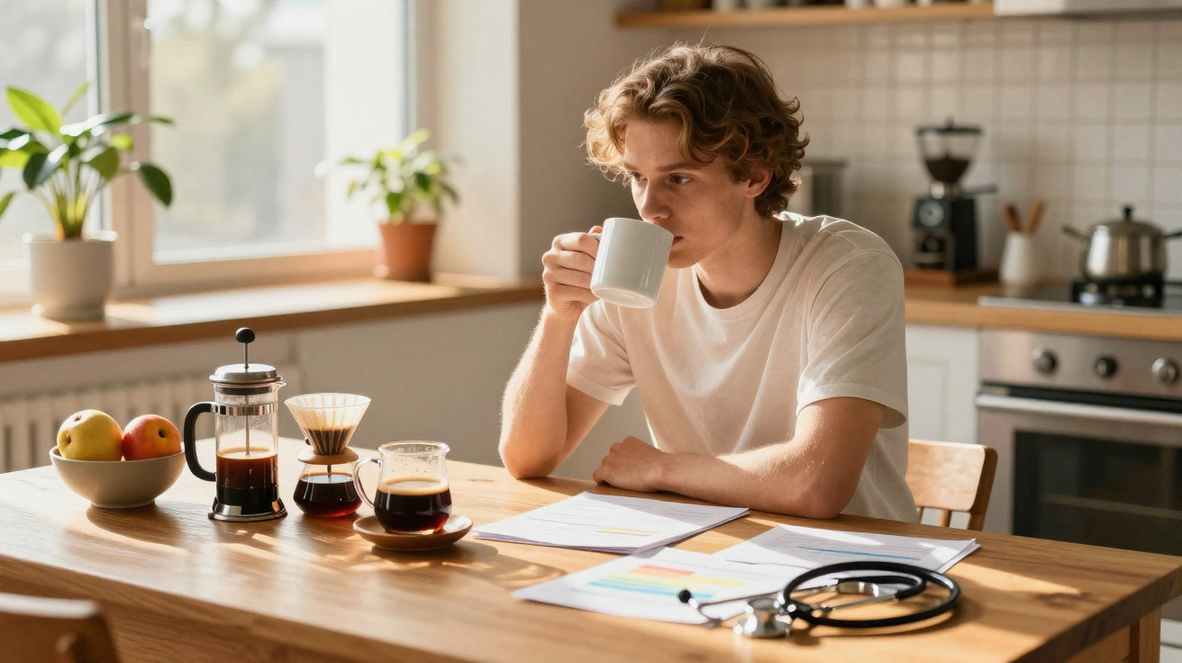 Jovem sentado numa cozinha a beber café, com papéis e estetoscópio sobre a mesa de madeira.