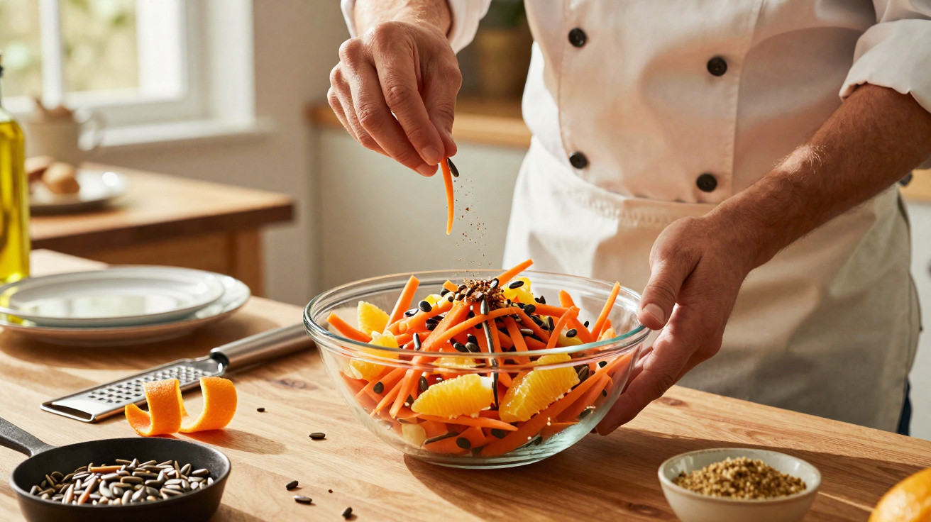 Chef tempera salada de cenoura com sementes e pedaços de laranja numa tigela de vidro numa cozinha iluminada.