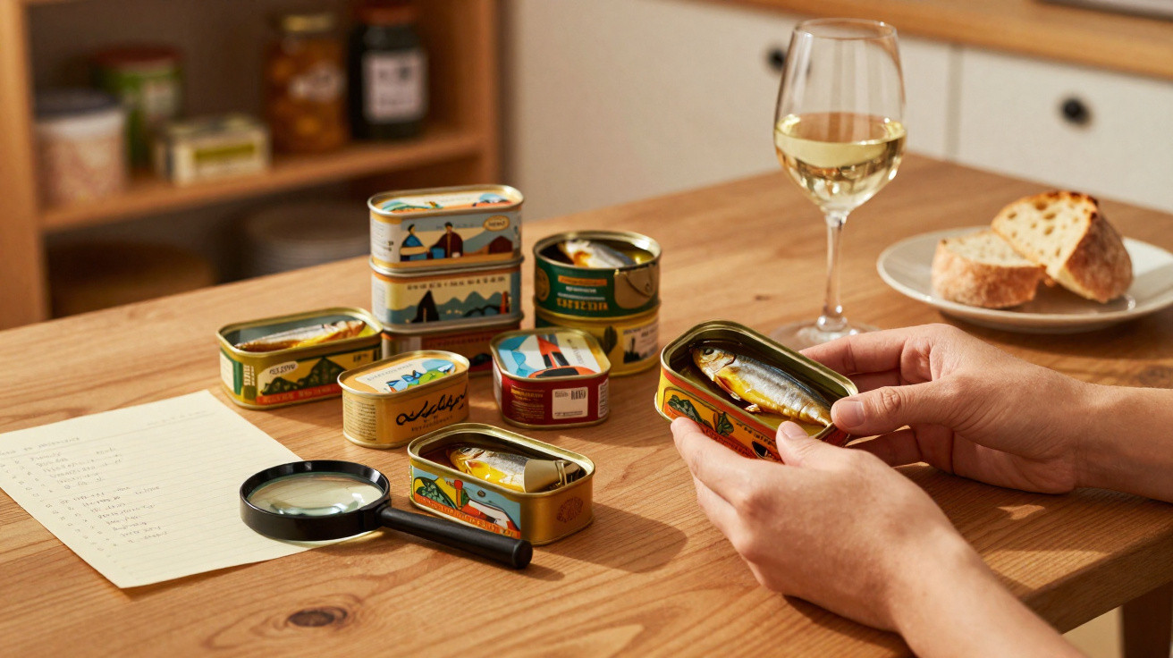 Mãos seguram lata aberta de sardinhas, várias latas empilhadas, copo de vinho, papel e pão numa mesa de madeira.