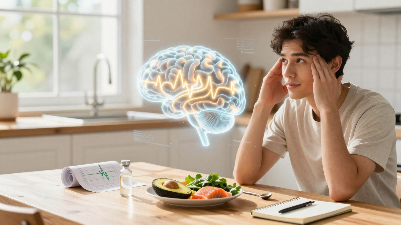 Homem a pensar na saúde cerebral, com alimentos saudáveis e gráfico de eletrocardiograma numa cozinha clara.