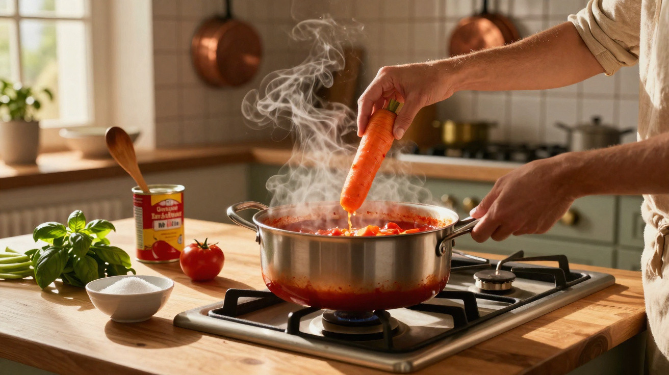 Pessoa a cozinhar com cozinha iluminada, a adicionar cenoura numa panela com molho a ferver.