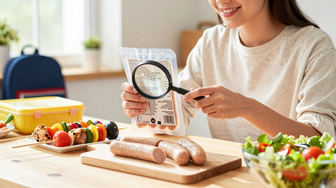 Pessoa a ler a informação nutricional de embalagem de salsichas com lupa numa cozinha.