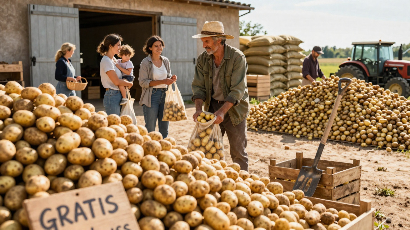 Agricultor a distribuir batatas grátis para três mulheres numa quinta com tratores e sacos ao fundo.