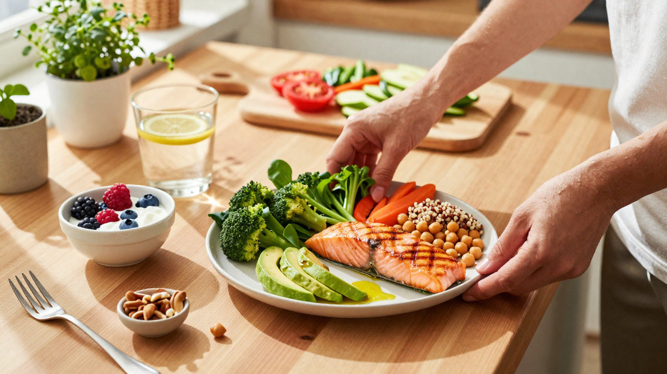Pessoa a colocar prato com salmão grelhado, legumes, grão, abacate, e quinoa numa mesa de madeira com iogurte e frutos vermel