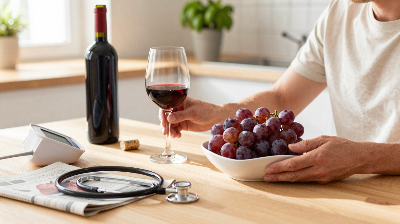 Pessoa a segurar copo de vinho tinto com cacho de uvas e estetoscópio numa mesa de madeira.