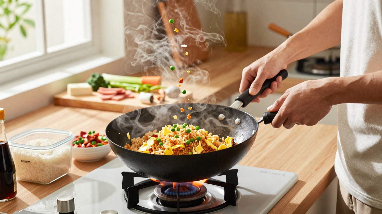 Pessoa a cozinhar arroz frito com legumes numa wok sobre fogão a gás numa cozinha luminosa.
