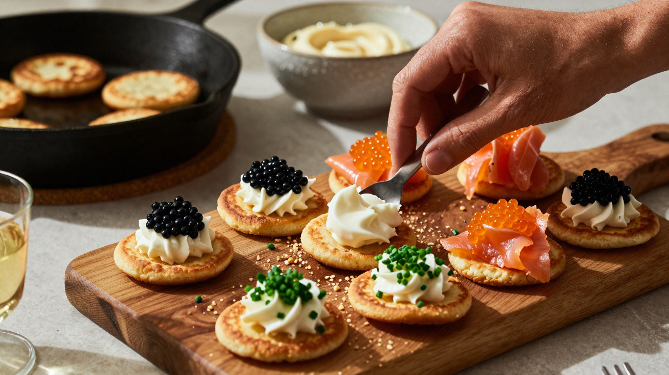 Tábua com blinis decorados com diferentes toppings como caviar, creme e salmão fumado, com mão a colocar creme.