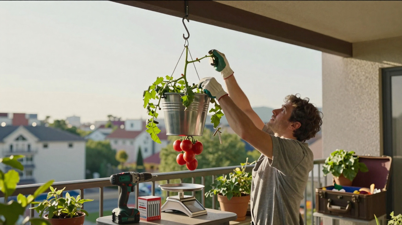 Homem a cuidar de planta de tomate suspensa numa varanda com várias plantas e ferramentas de jardinagem.
