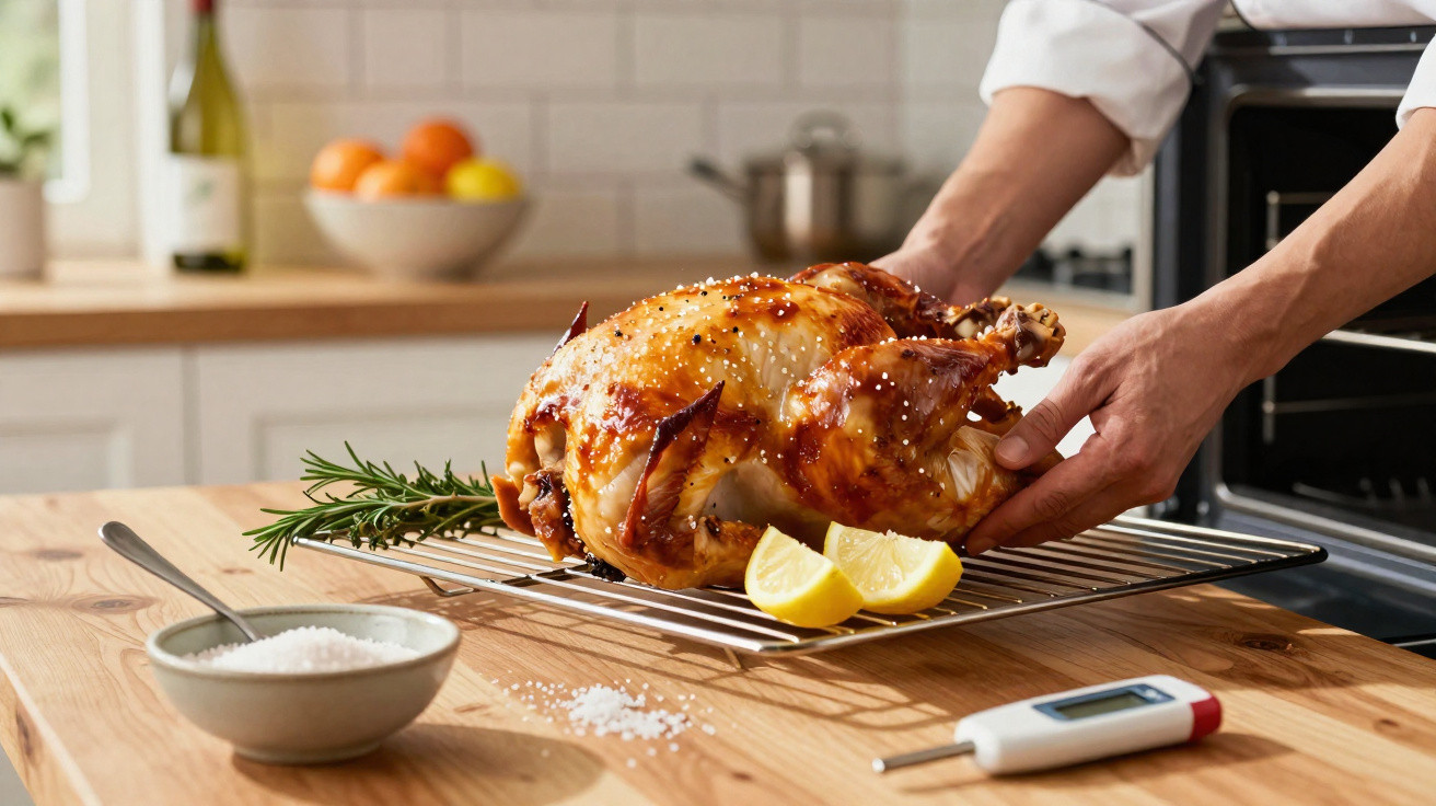 Pessoa a retirar frango assado dourado do forno com limão e alecrim numa bancada de cozinha.