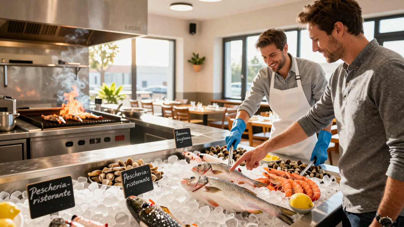 Homens escolhem peixes frescos e marisco num balcão de gelo numa peixaria de restaurante.