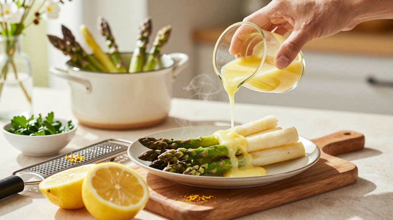 Molho aveludado a ser despejado em espargos verdes e brancos num prato branco sobre tábua de madeira.