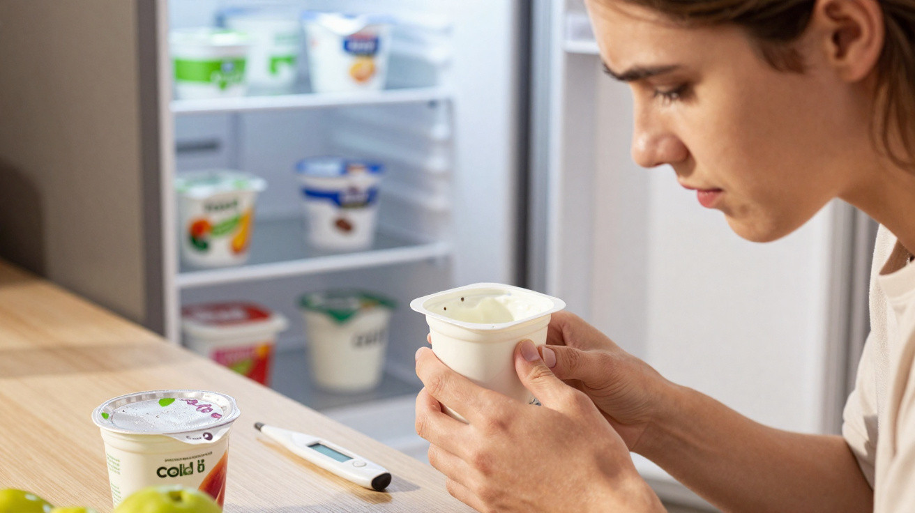 Mulher a examinar iogurte enquanto se senta numa cozinha com frigorífico aberto ao fundo.