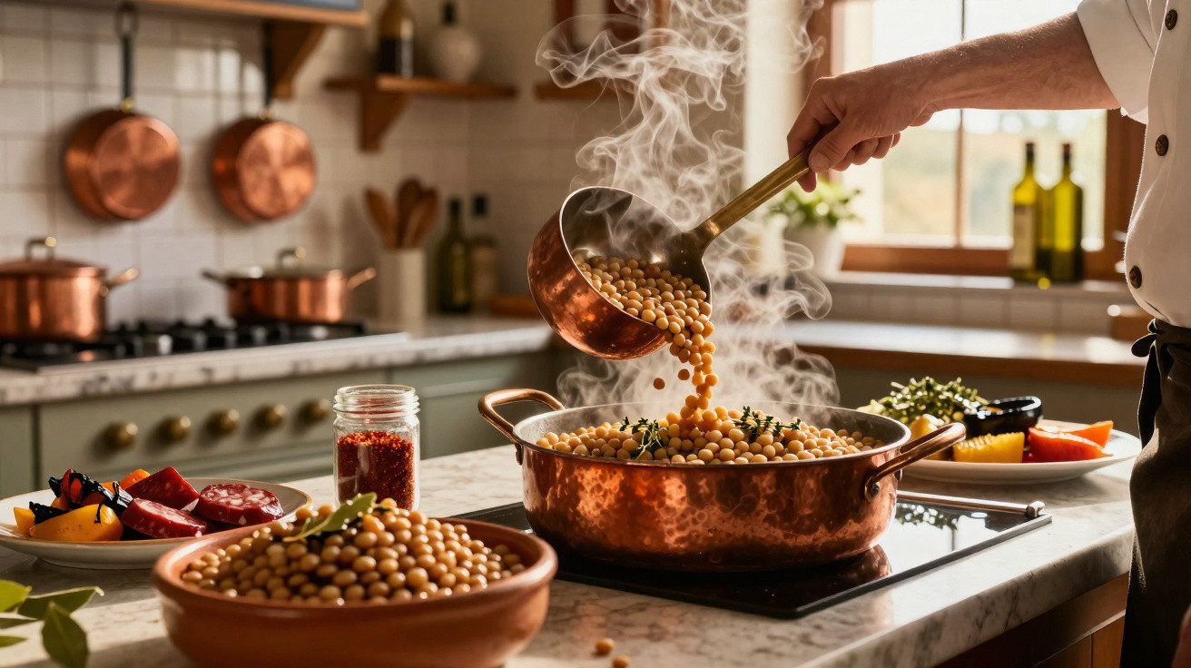 Mãos a cozinhar grão-de-bico num tacho de cobre fumegante numa cozinha rústica iluminada por janela.
