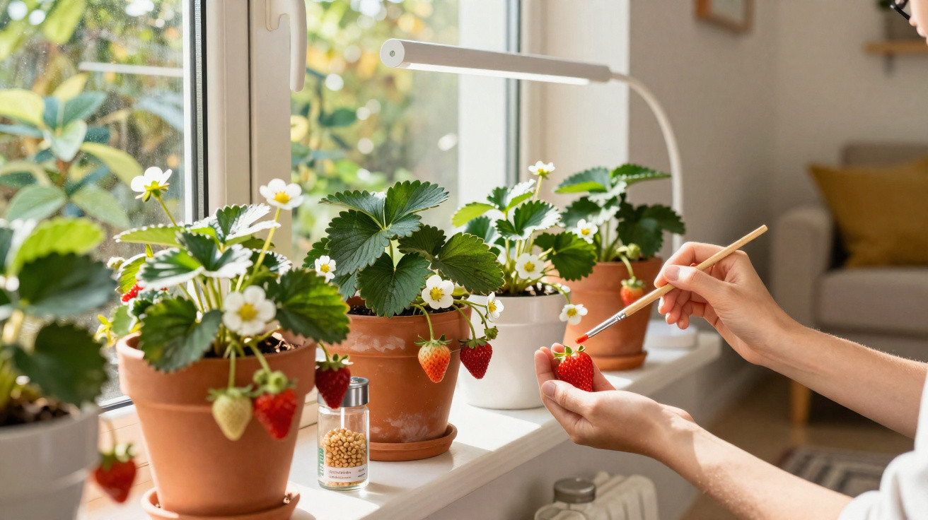 Mãos pintam morango com pincel, plantas de morango com frutos e flores em vasos na janela iluminada.