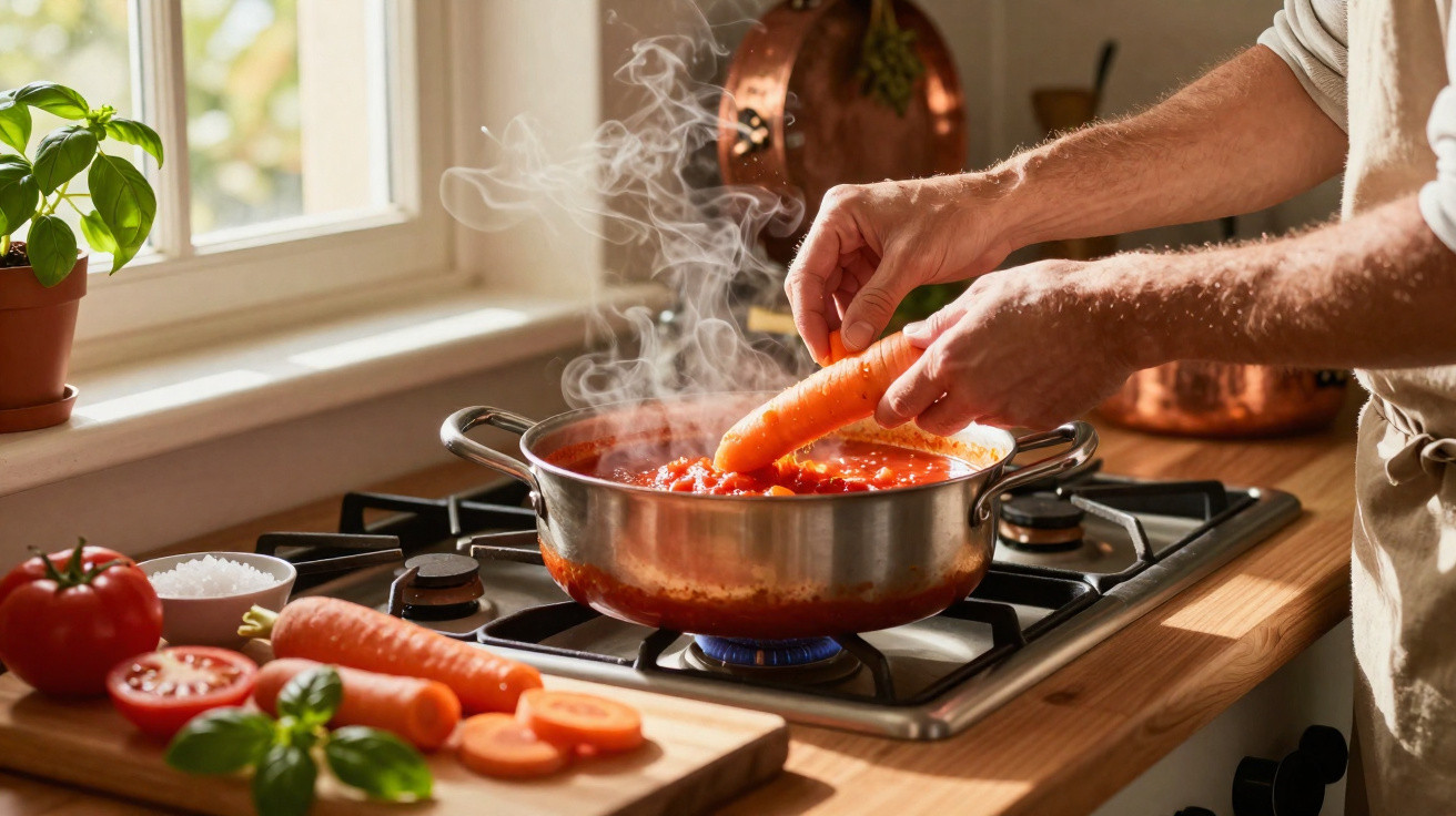Mãos a colocar cenoura numa panela com molho de tomate a ferver no fogão, ao lado de legumes frescos.