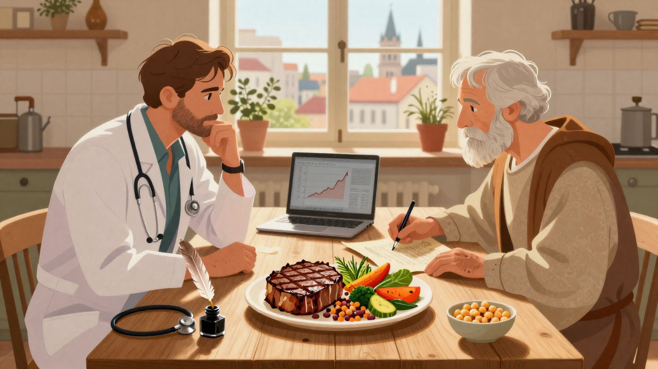 Médico conversa com idoso enquanto analisam dieta saudável e gráfico num portátil numa cozinha iluminada.