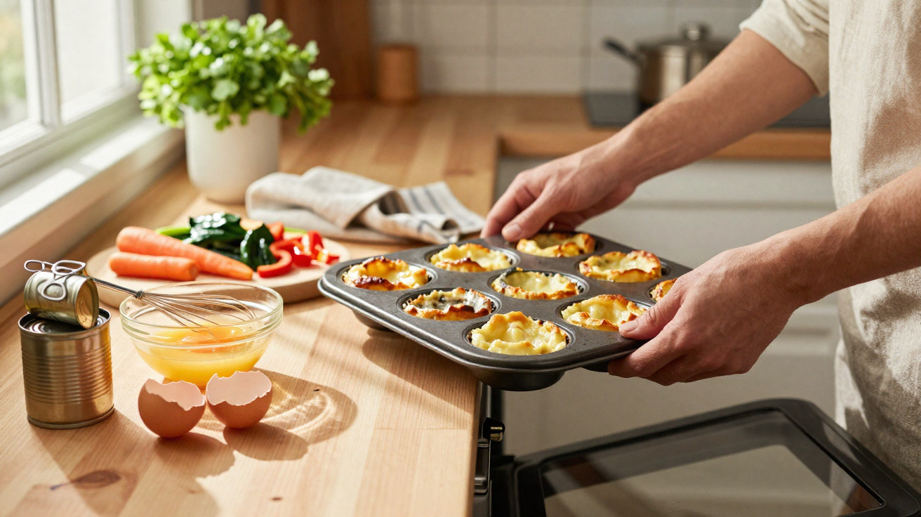 Pessoa a retirar forminha de muffins cozidos do forno numa cozinha com legumes e ingredientes na bancada.