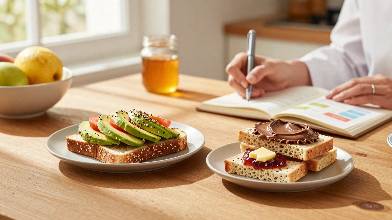Três tostas com abacate, tomate, chocolate, manteiga e geleia numa mesa com pessoa a escrever num caderno.