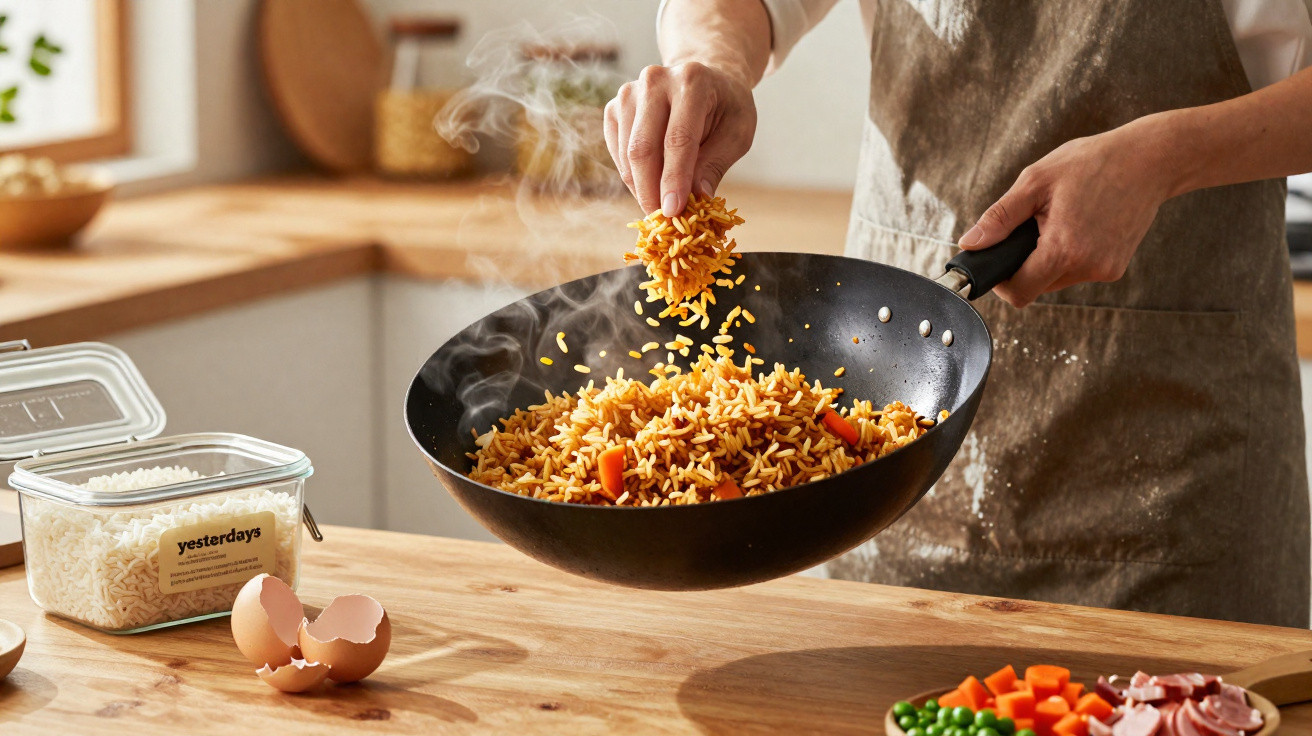 Pessoa a cozinhar arroz frito com legumes numa wok numa cozinha luminosa.