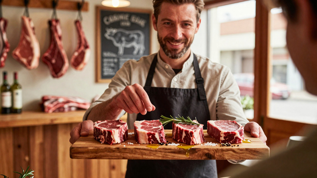 Homem com avental negro a apresentar quatro bifes de carne crua num prato de madeira num talho.