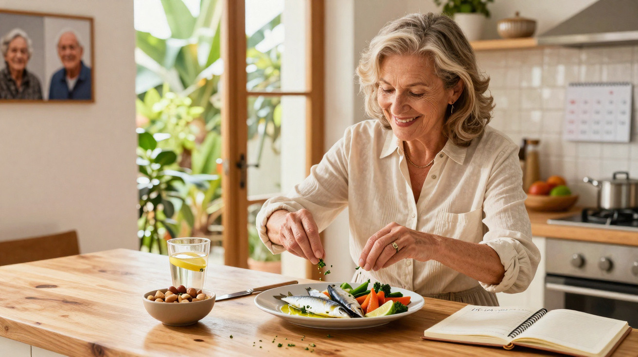 Mulher sorridente a temperar peixe e legumes numa cozinha luminosa com plantas e livro aberto.