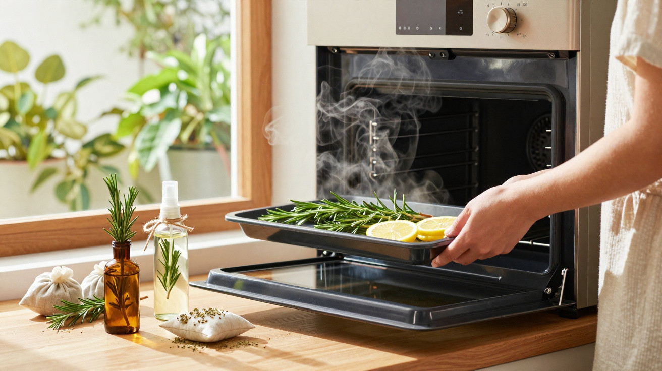 Pessoa a retirar tabuleiro com ervas e limão fumegante de forno numa cozinha com luz natural.
