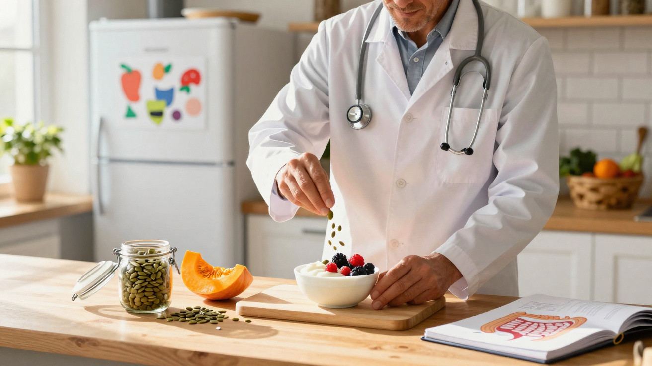 Médico de bata branca adiciona sementes a uma taça de iogurte com frutos vermelhos numa cozinha clara e acolhedora.