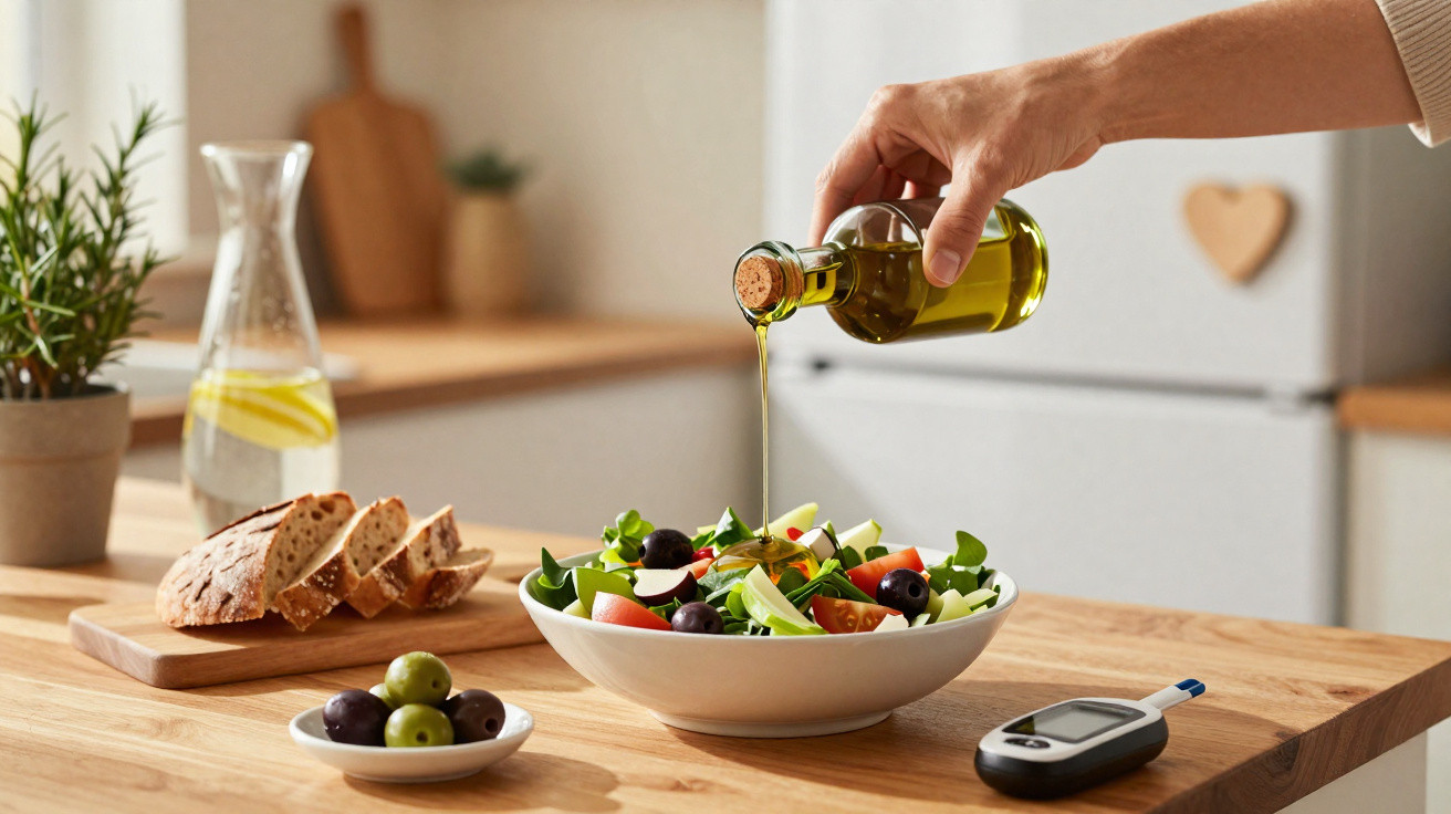 Pessoa a deitar azeite numa salada de legumes frescos numa cozinha moderna, com pão e medidor de glicemia na mesa.