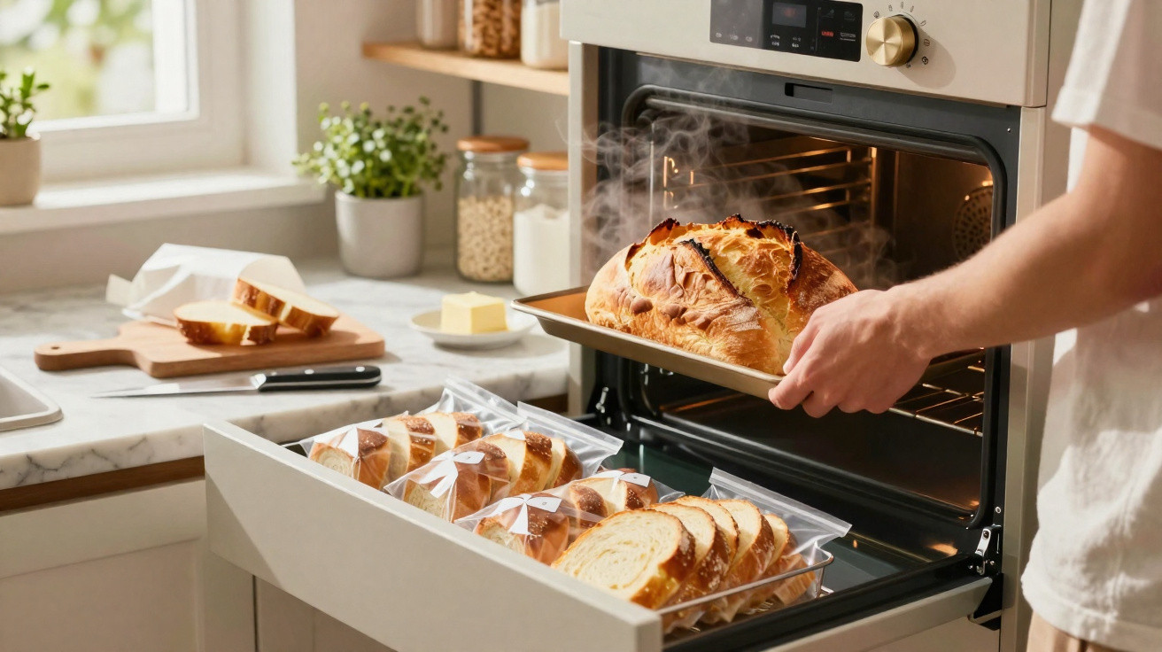 Pessoa a retirar pão acabado de cozer do forno numa cozinha com sacos de pão fatiado e utensílios.