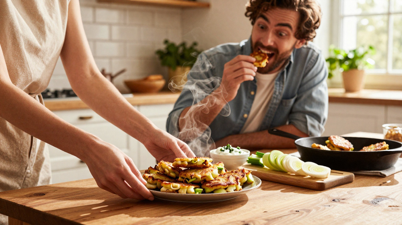 Pessoa a servir rabanadas de legumes quentes numa cozinha moderna com homem a comer ao fundo.