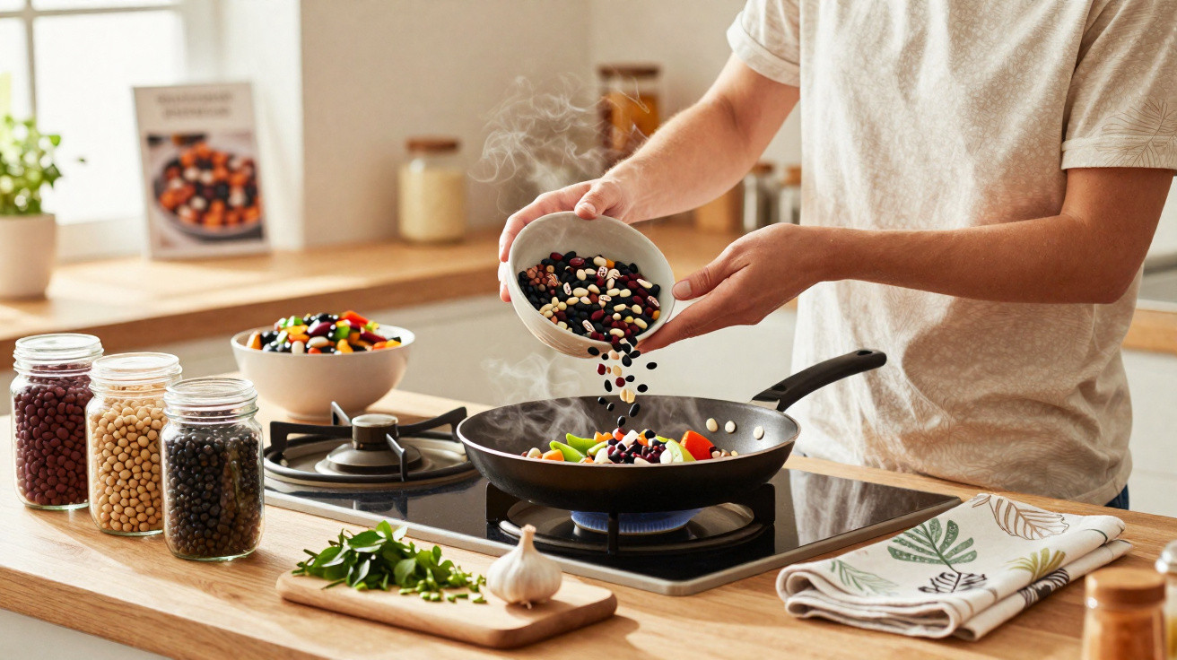 Pessoa a cozinhar legumes numa frigideira, adicionando feijão colorido numa cozinha moderna e luminosa.