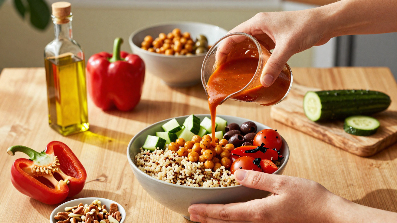 Pessoa a colocar molho numa taça com salada de grão, quinoa, pepino, tomate cherry e azeitonas.