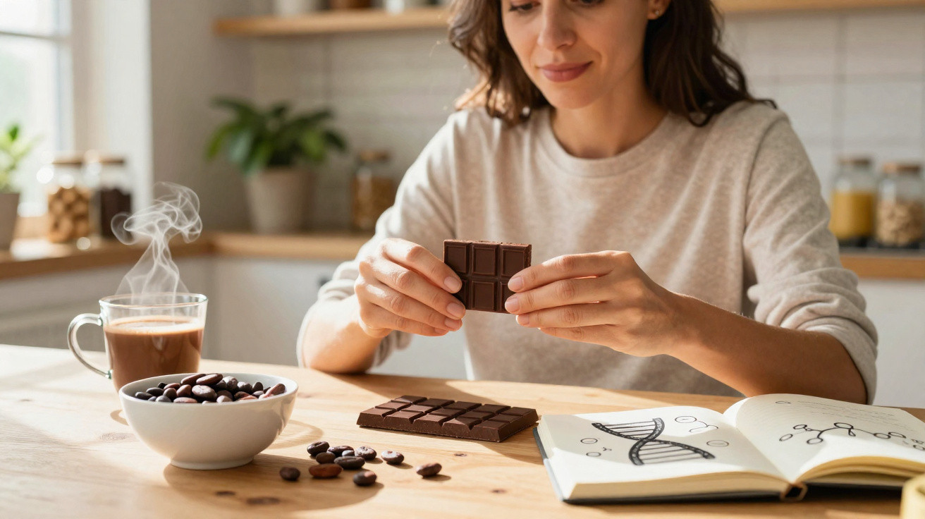 Mulher a segurar chocolate, com café quente, grãos de café e livro aberto sobre genética na mesa.