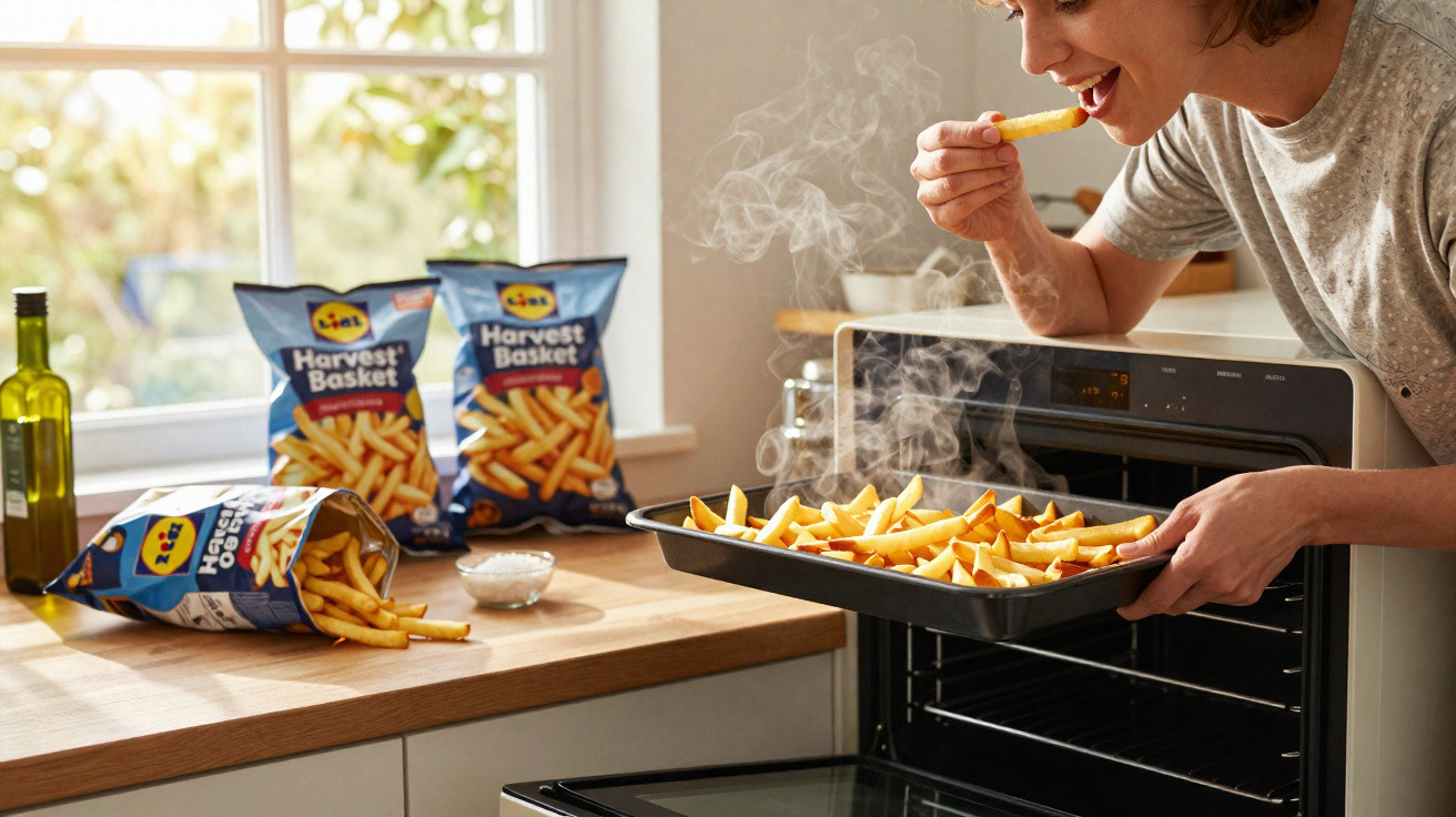Pessoa a tirar batatas fritas quentes do forno numa cozinha luminosa com pacotes de batatas ao fundo.