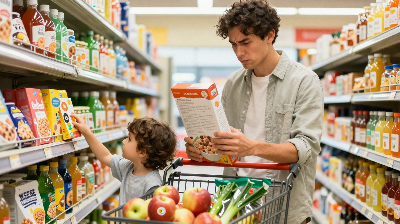 Homem e criança com carrinho cheio a escolher cereais no corredor de supermercado.